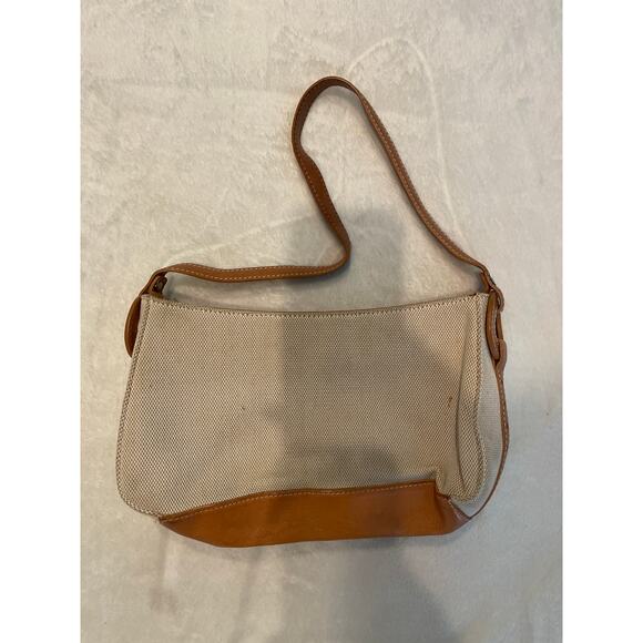 COLE HAAN Y2K Canvas Mini Shoulder Bag Beige Tan Brown Leather Trim 90s Hobo - Picture 1 of 9